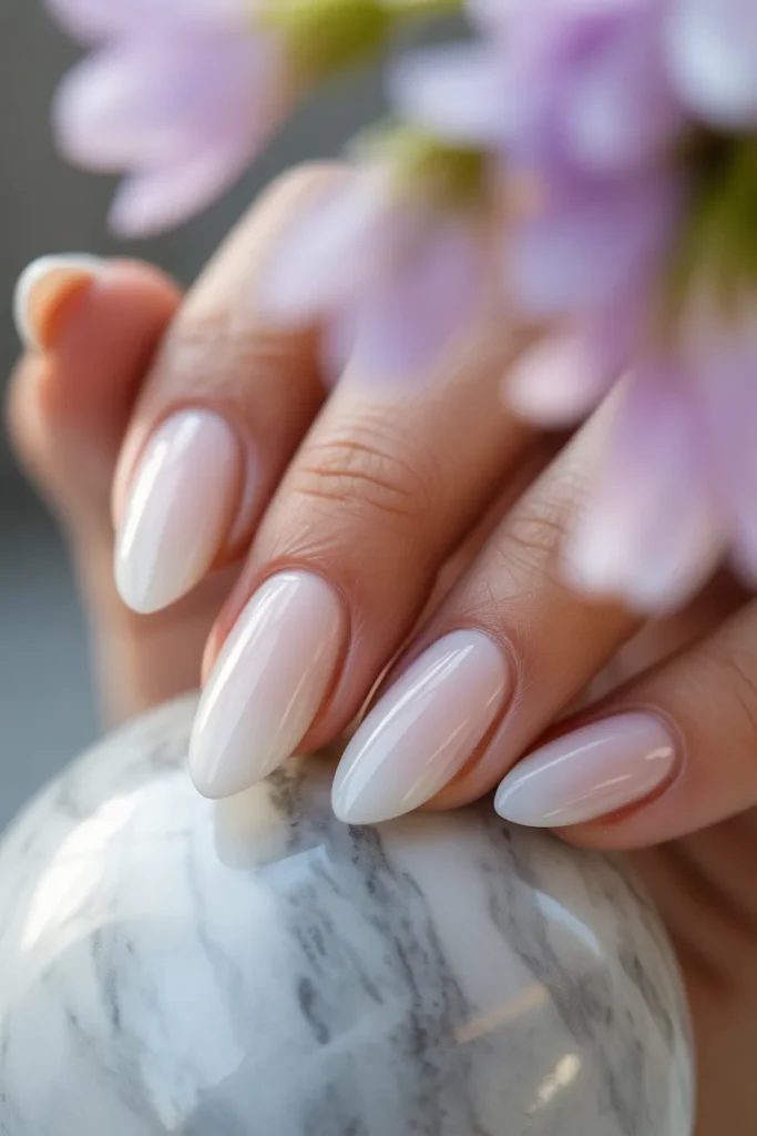 Milky white gel almond nails with glossy finish on marble — white spring nails 2026