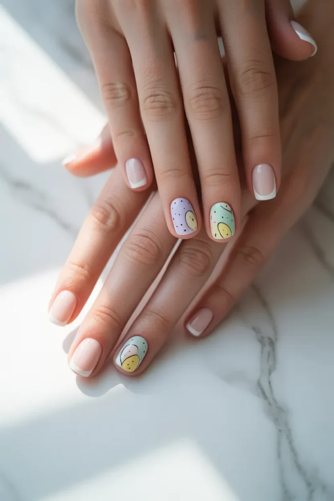 1. Classic White French Tip with Pastel Easter Eggs