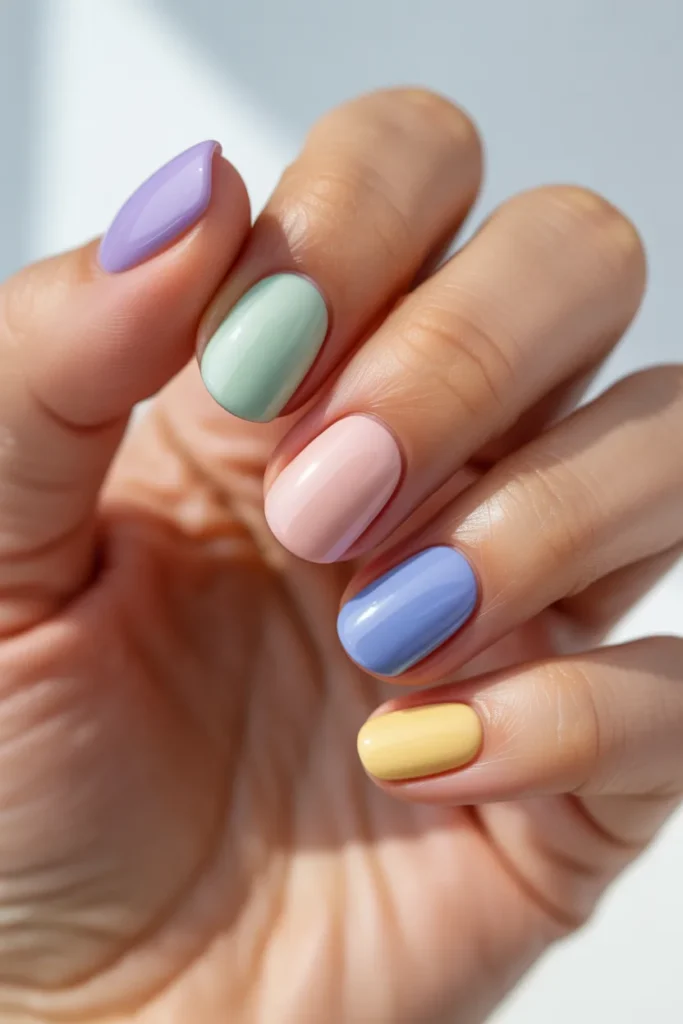 1. Pastel Rainbow Easter Nails — One Colour Per Nail