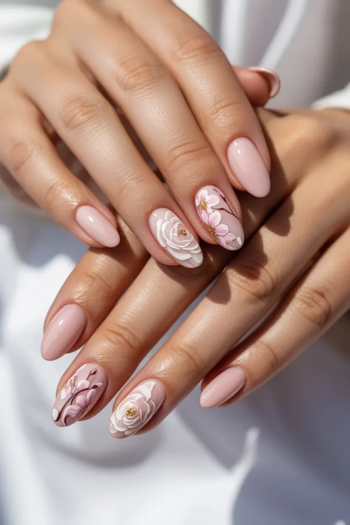 1. Soft Pink Floral Almond Nails