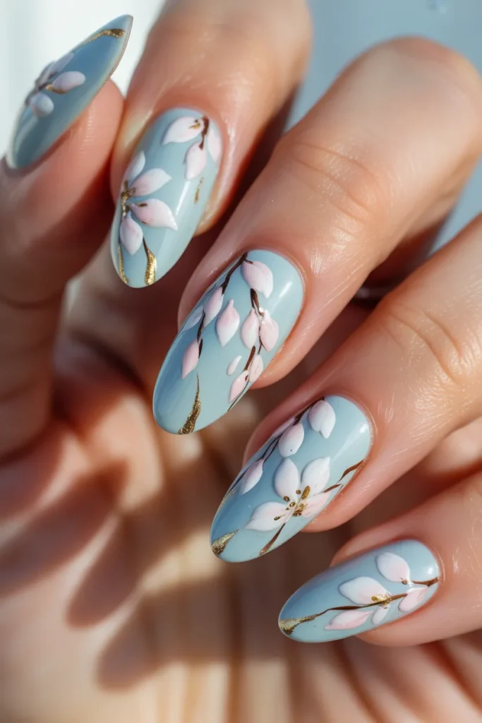 1.Baby Blue Floral Nail Art