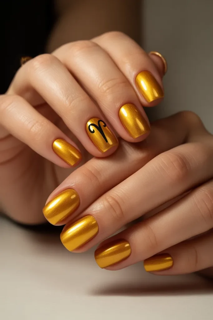 10. Aries Birthday Nails Acrylic Short — Gold Glam
