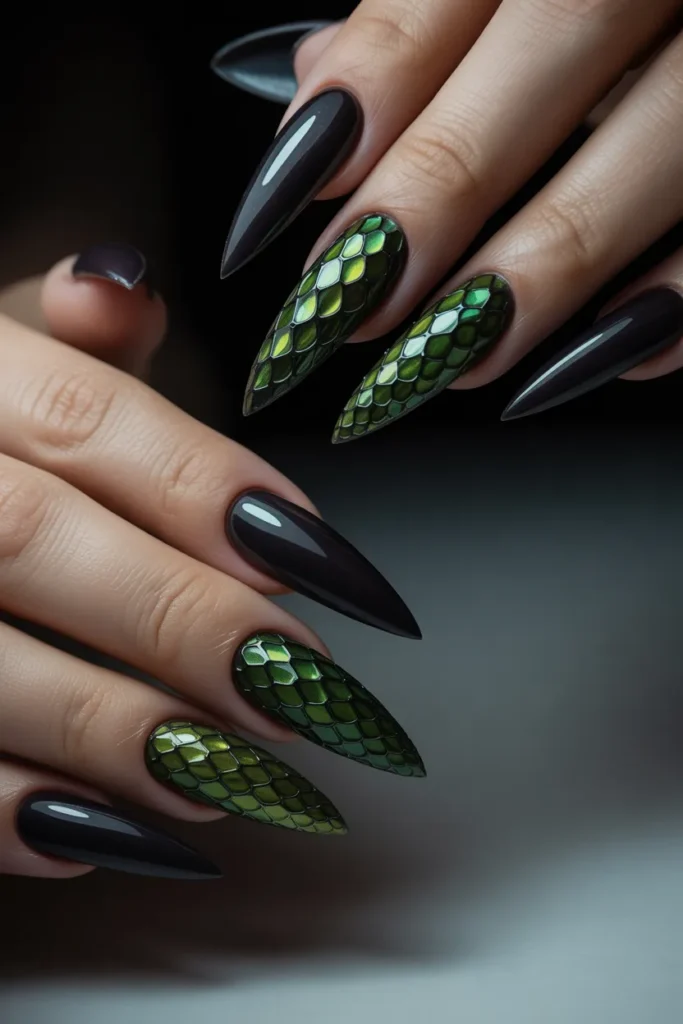 10. Black Nails with Green Snake Scale Texture