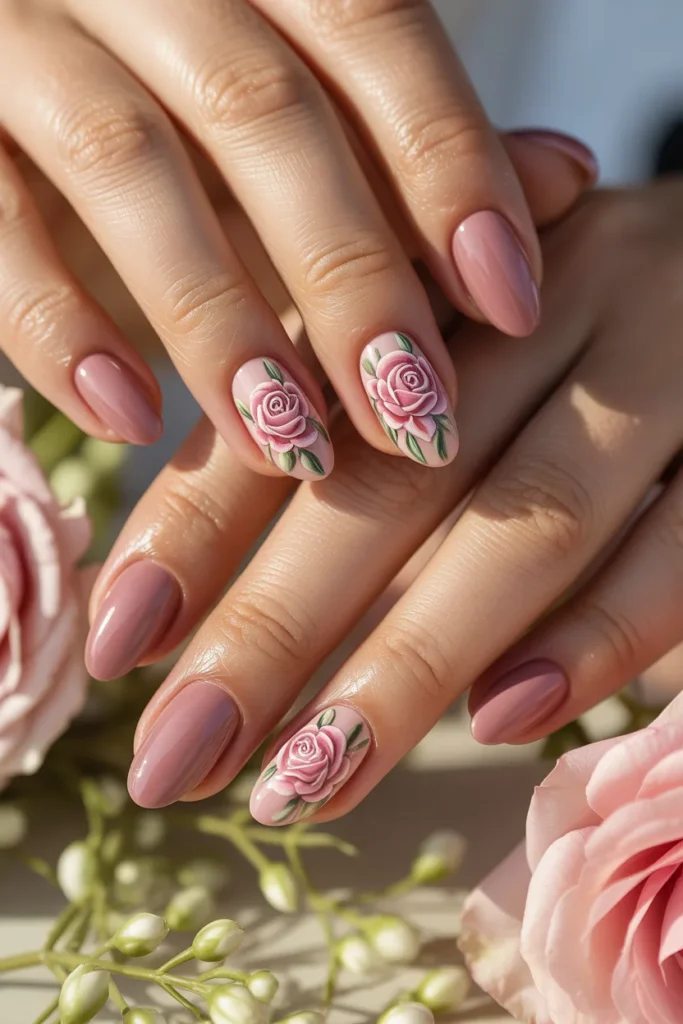 10. Floral Spring Gel Nails — Pink Rose Almond