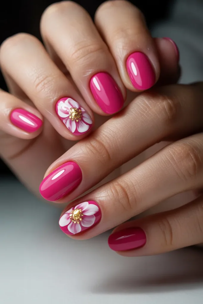 10. Hot Pink Floral Oval Nails
