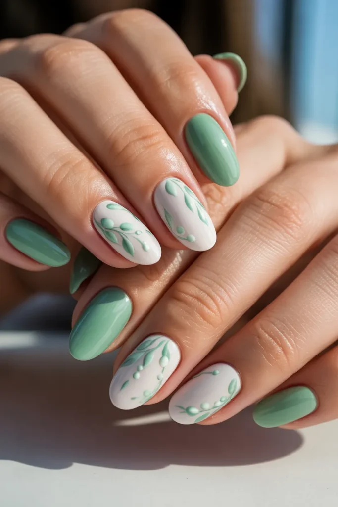 Mint Green Spring Nails 11 10. Mint Green and White Floral Spring Nails