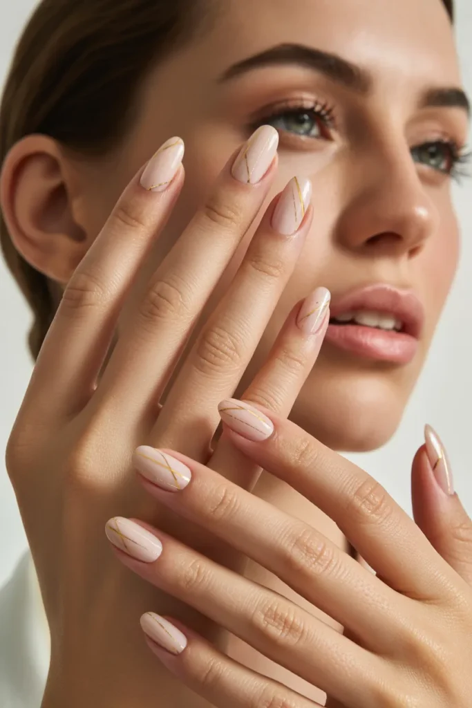10. Nude Acrylic Nails with Thin Gold Lines