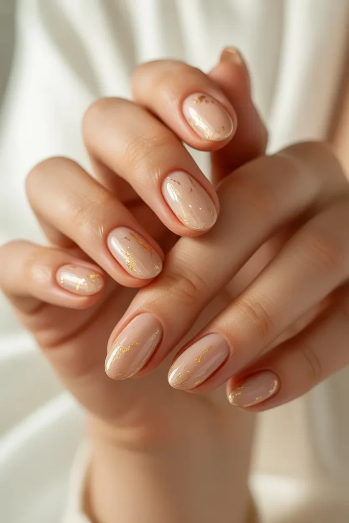 10. Nude Almond Nails with Gold Shimmer