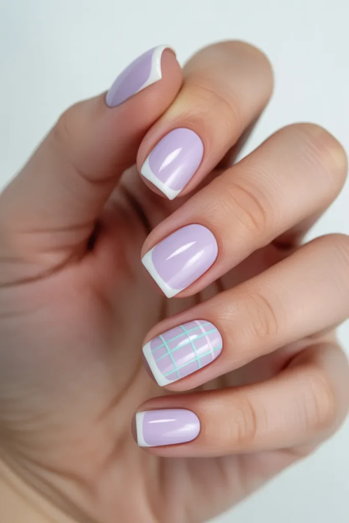 10. White French Tip with Easter Plaid Pattern