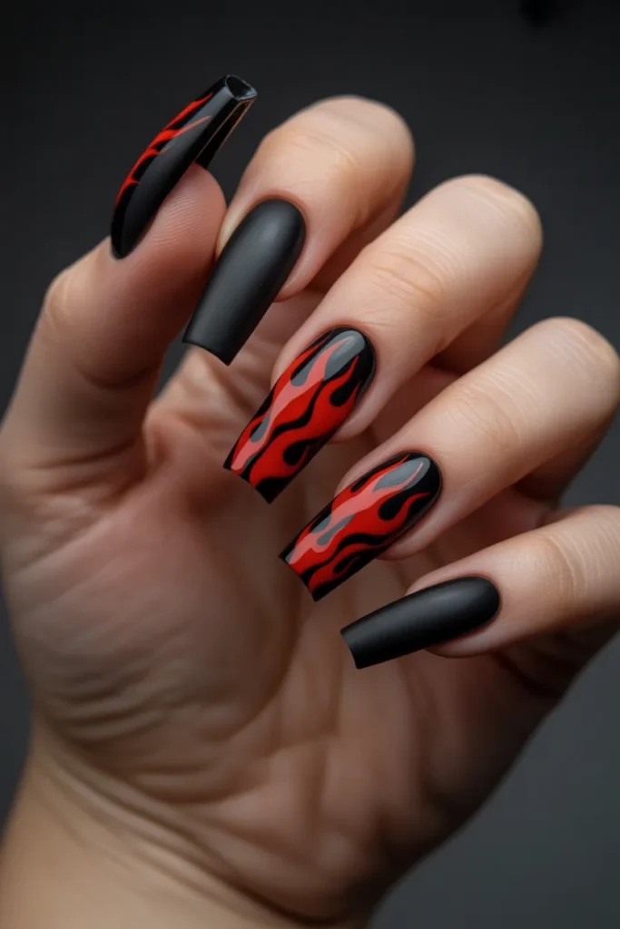 11. Aries Coffin Acrylic Nails — Black and Red