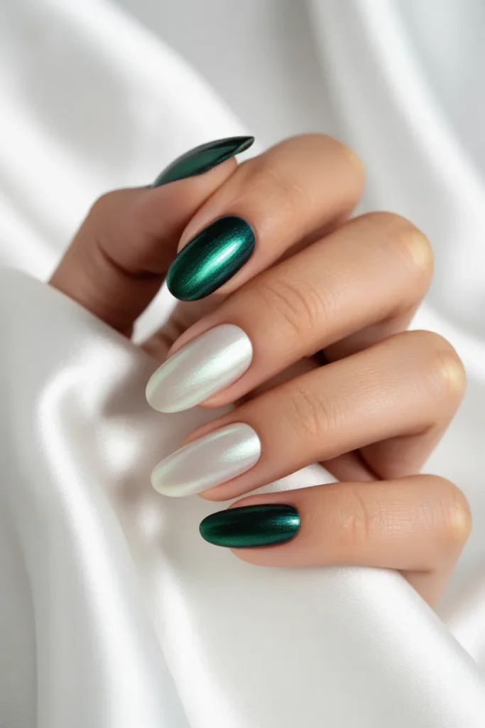 11. Green and Pearl Nails