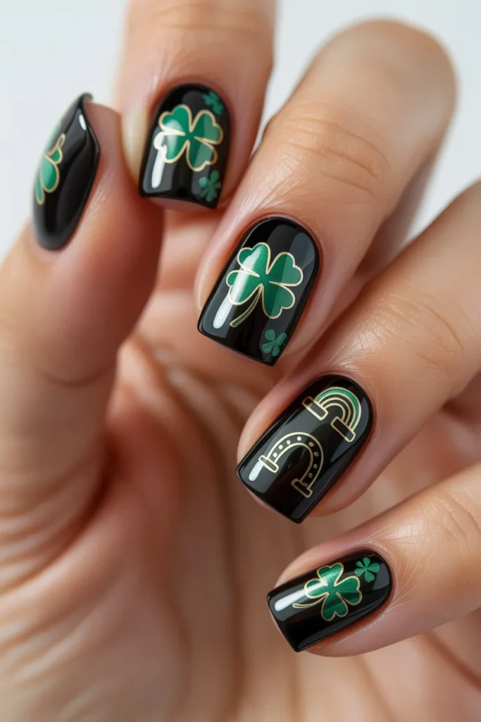 11. Short Black Nails with Lucky Green Charms