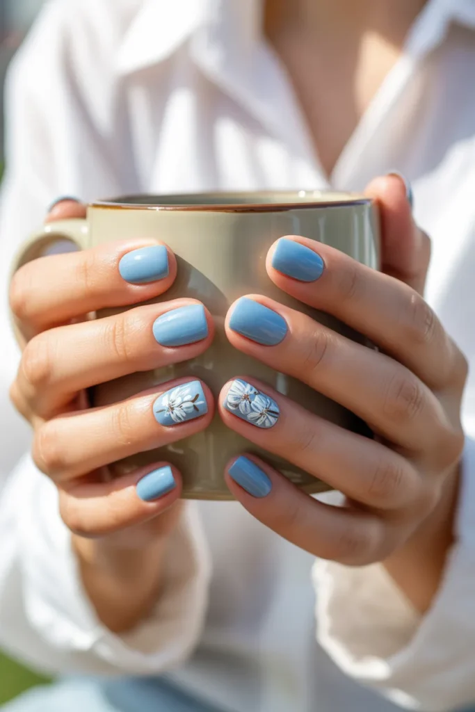 11. Short Square Spring Nails — Baby Blue with White Flowers