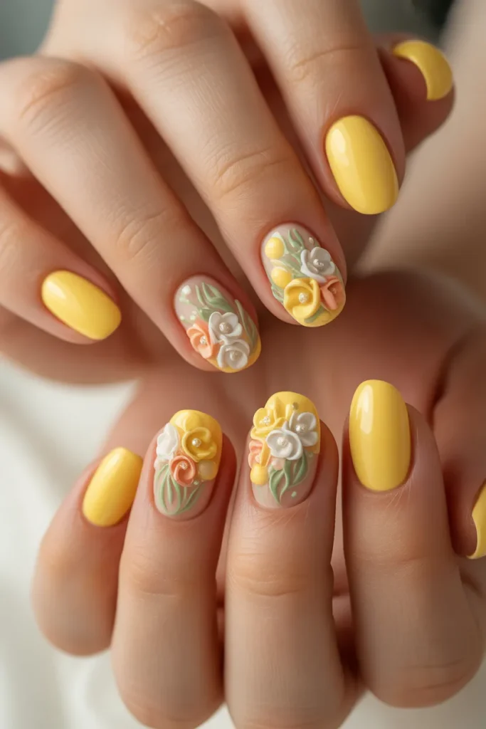 Yellow Easter Nails 12 11. Yellow Nails with Flower Art