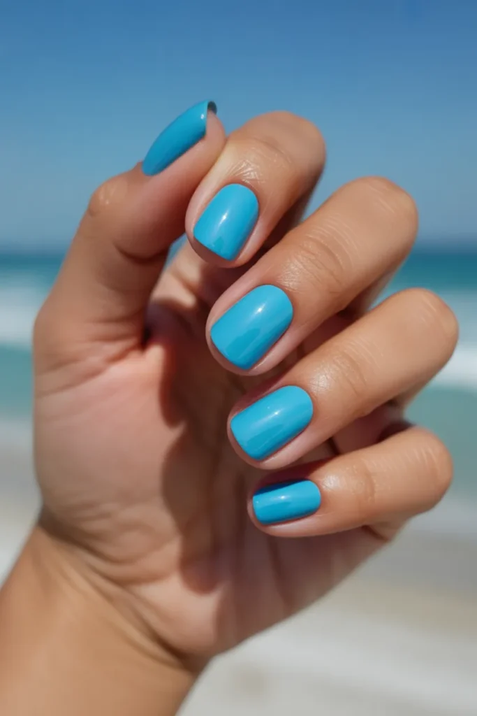 12. Aqua Blue Beach Nails — Short Square