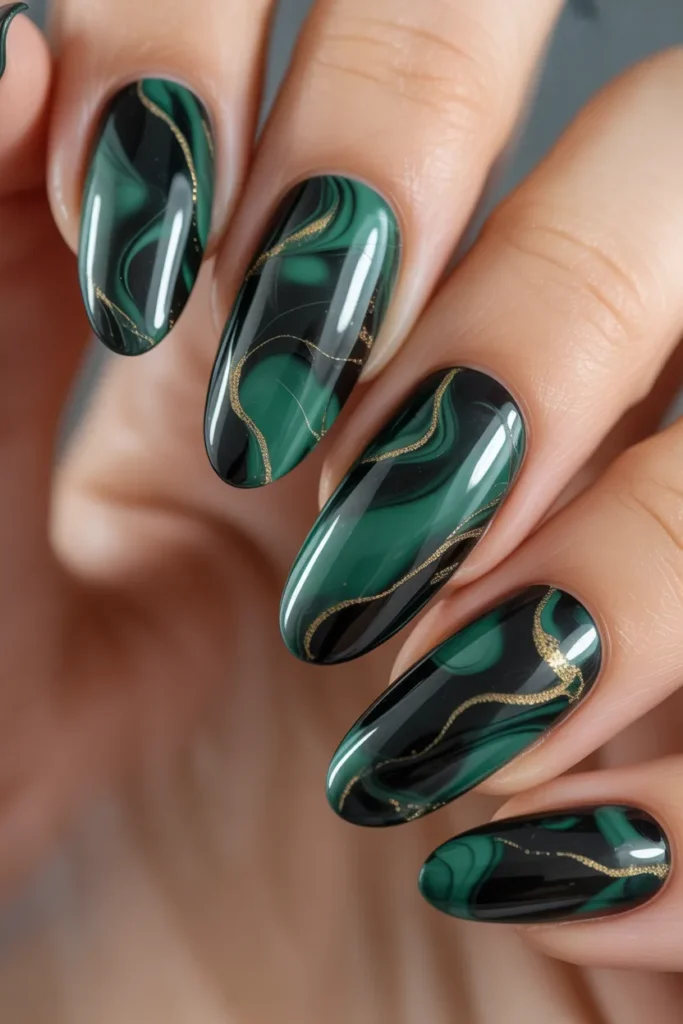 12. Black and Green Marble Nails