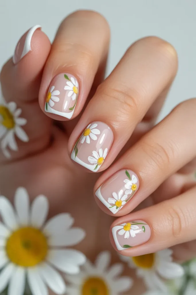 12. Daisy French Tip Nails