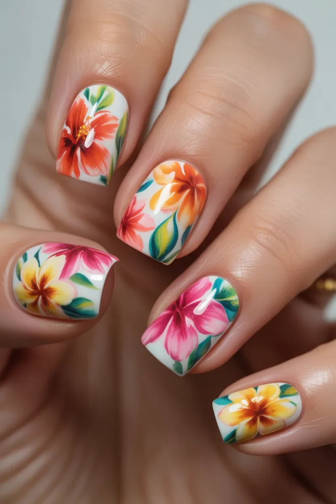 12. Floral Spring Nails Square — Bold Tropical Flowers