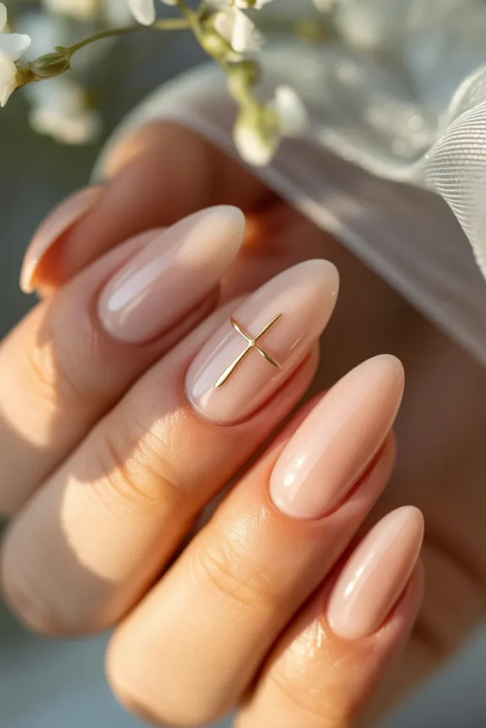 12. Gold Cross Accent on Nude Almond Nails