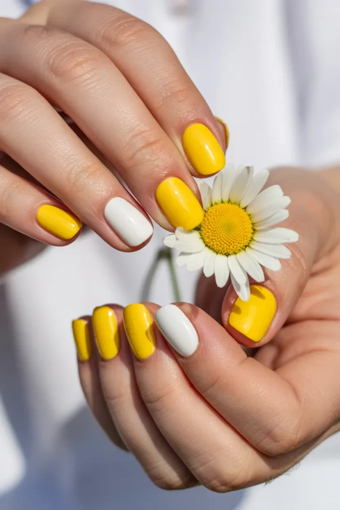 12. Lemon Yellow and White Nail Designs