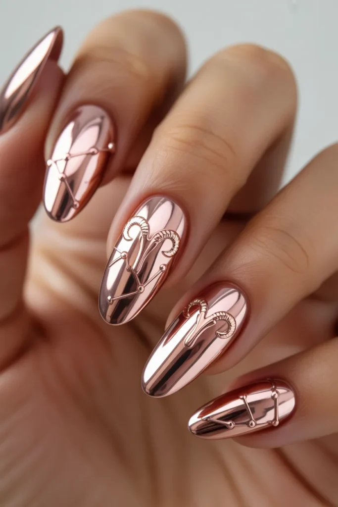 12. Pink Aries Acrylic Nails — Rose Gold Birthday