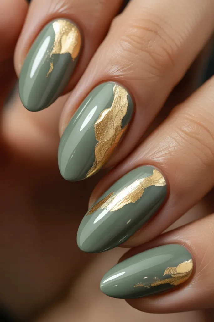 12. Sage Green Gold Foil Nails