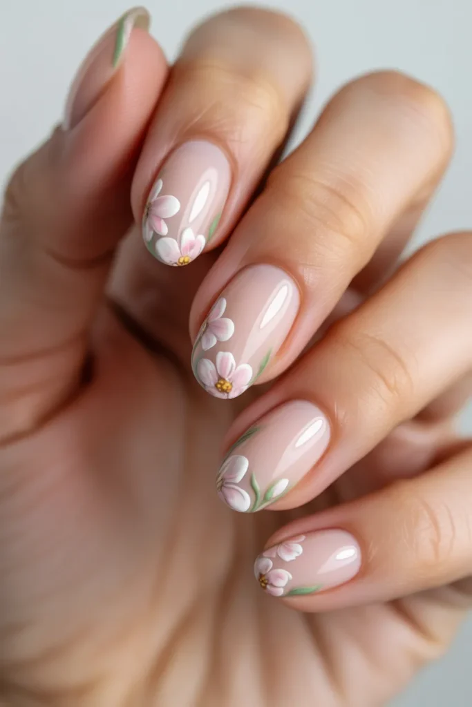 12. Spring Gel Nails — French Tip with Flowers