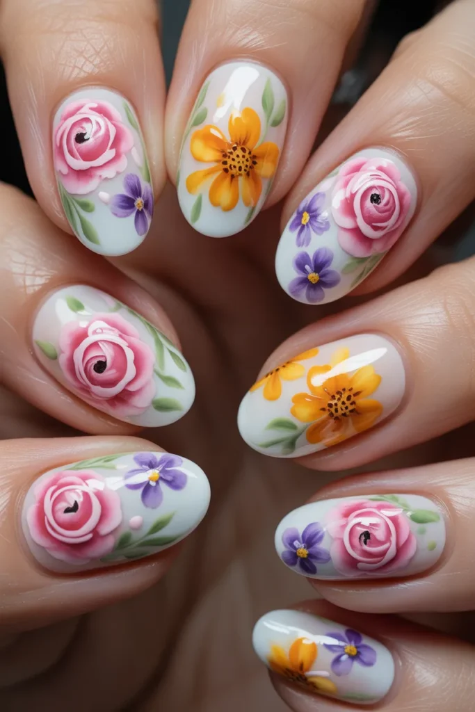 13. Colorful Floral Spring Nails