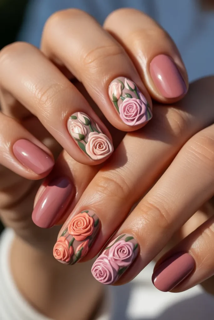 13. Floral Spring Nails Pink — Rose Garden Design