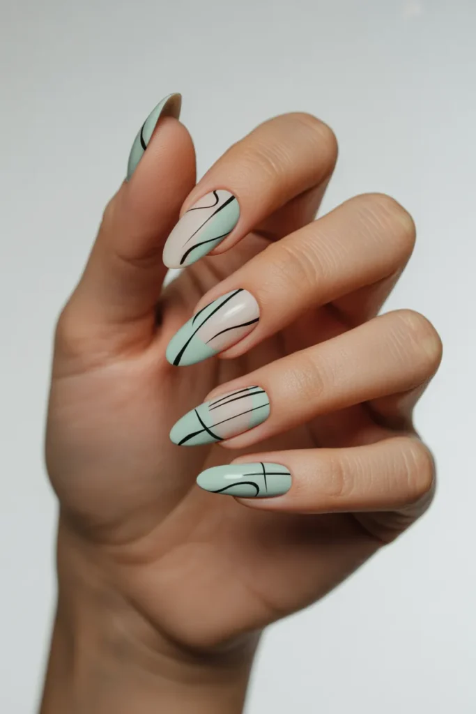 13. Green Abstract Line Nail Art