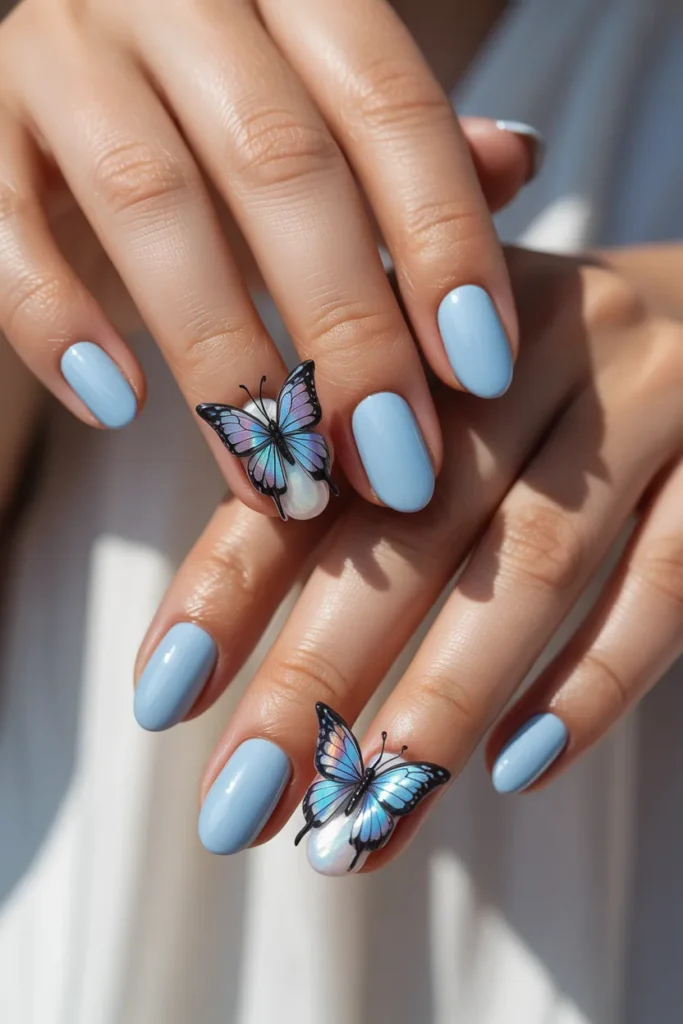 13. Light Blue Nails with Butterfly Accents