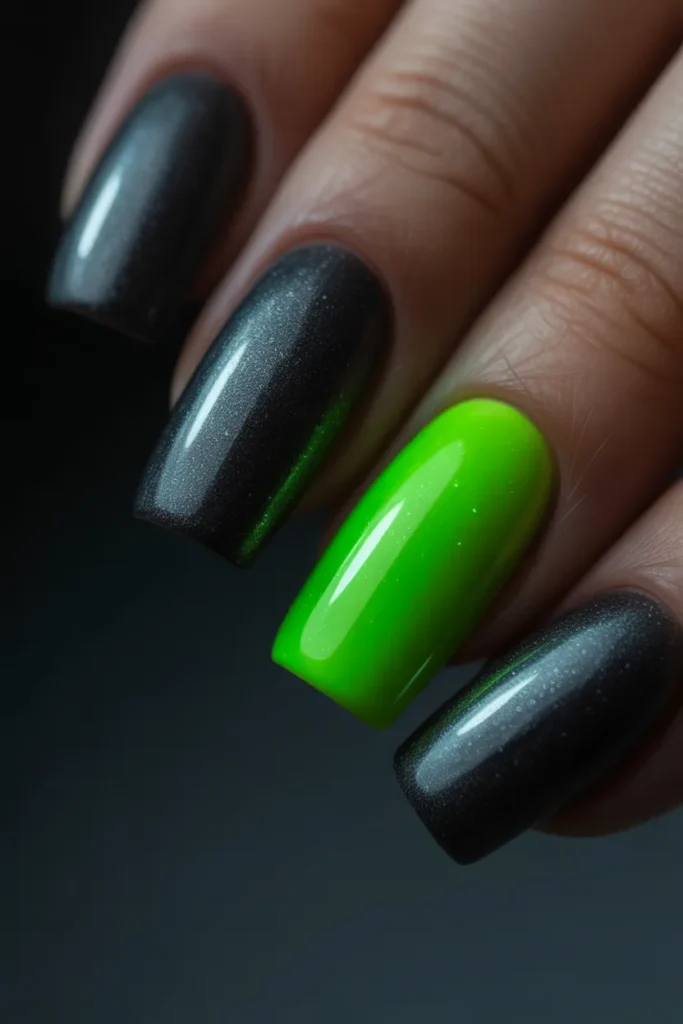 13. Matte Black Nails with Neon Green Accents