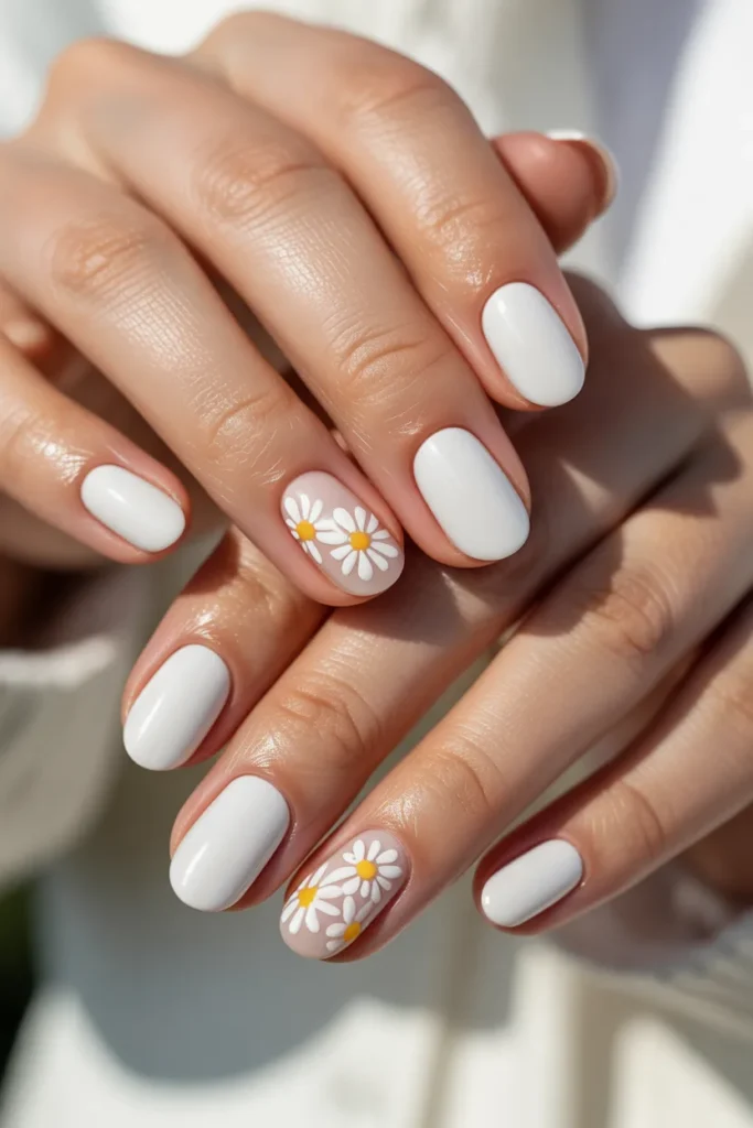 13. White Almond Nails with Daisy Art