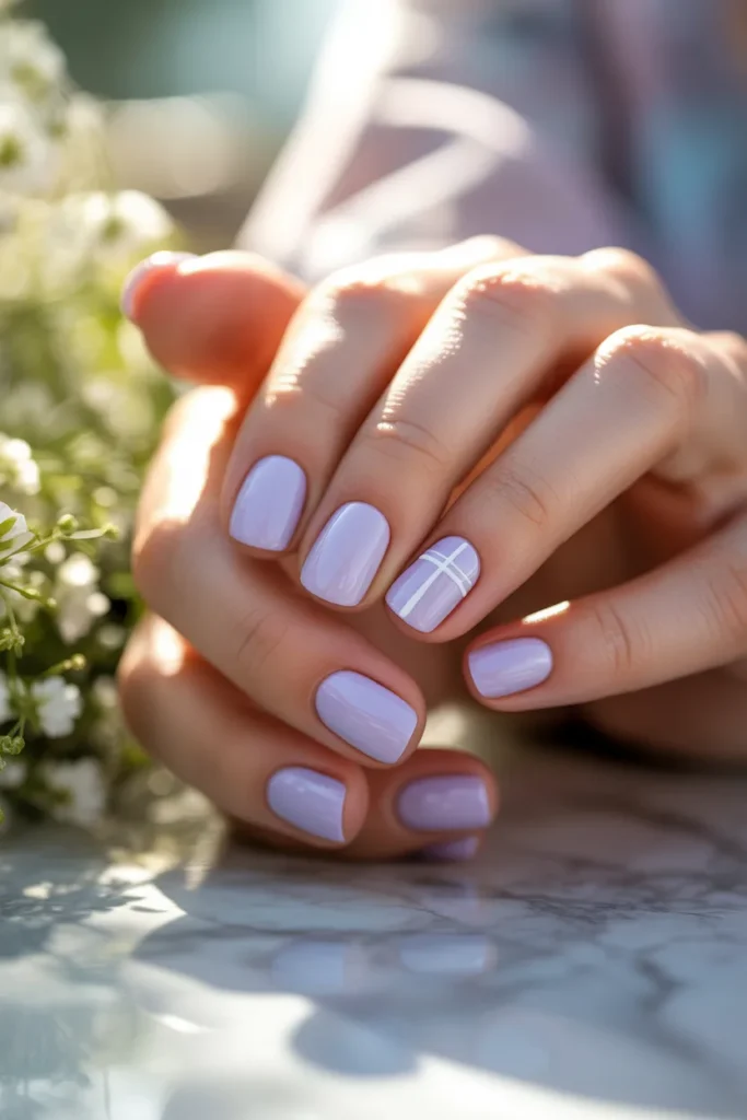 13. White Cross Nail Art on Pastel Lavender — Short Square