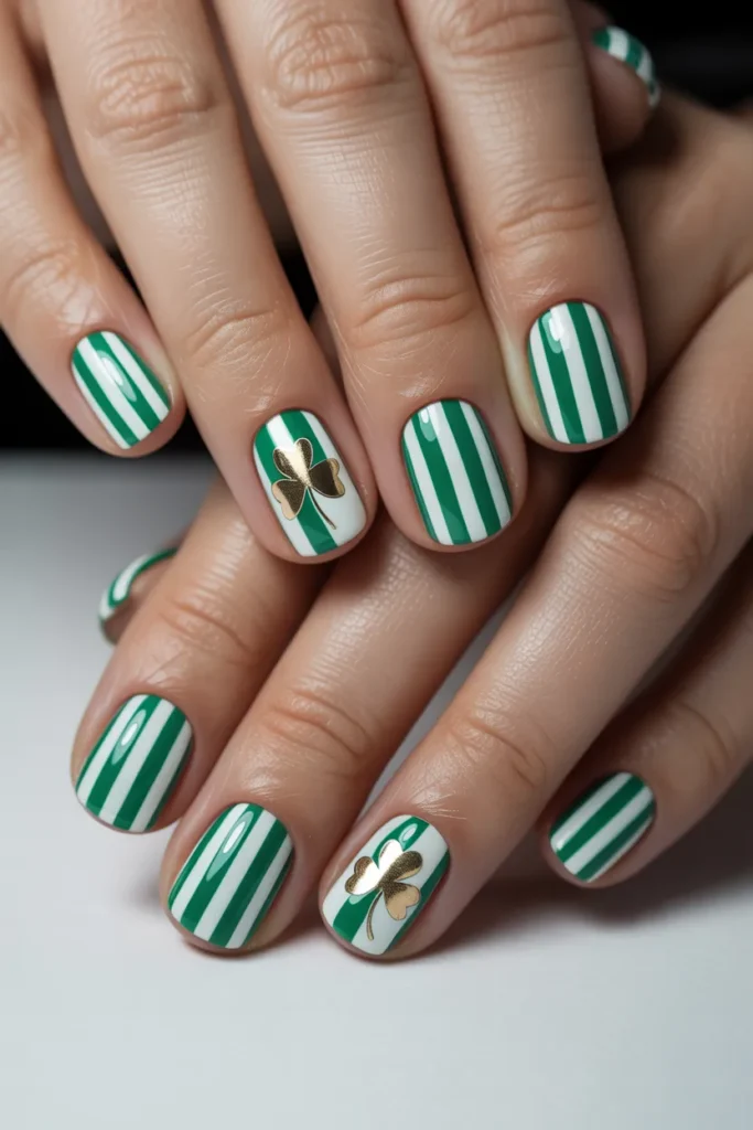 14. Green and White Striped Shamrock Nails