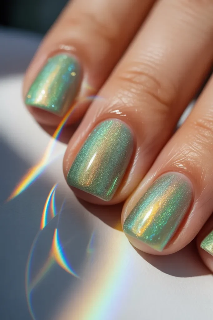 14. Iridescent Holographic Green Nails