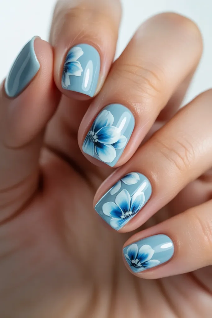 14. Light Blue Square Nails with Floral Design