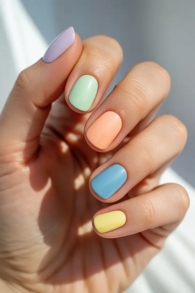 14. Pastel Rainbow Easter Short Nails
