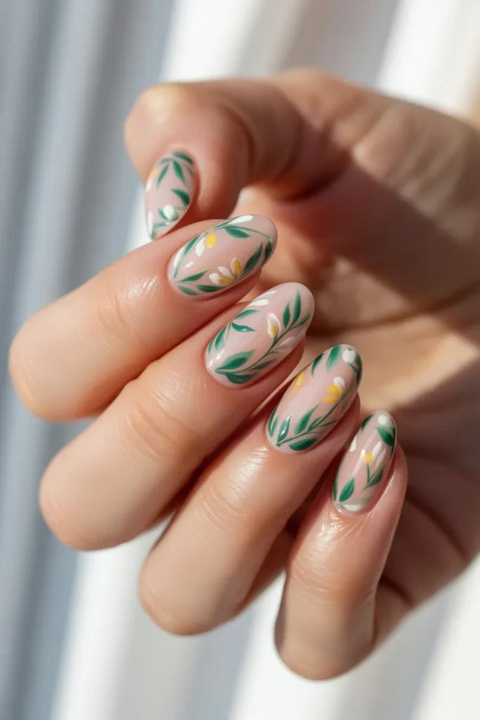 14. Pink and Green Floral Short Nails