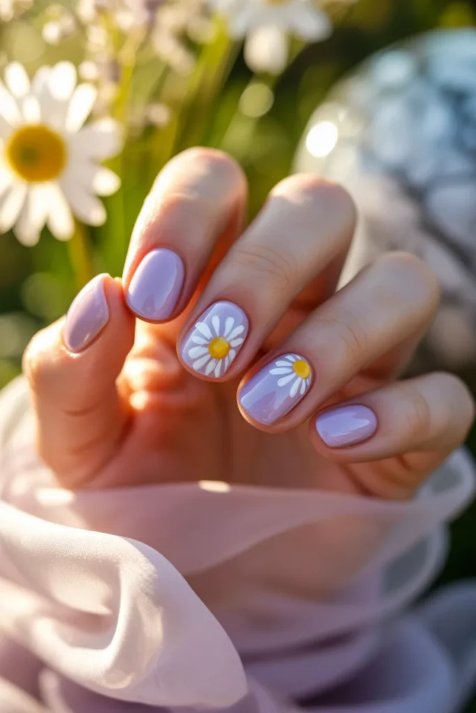 14. Short Round Easter Nails — Lilac with Tiny White Daisies