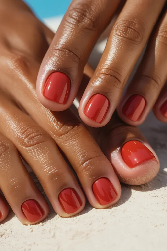 14. Summer Toe Nail Colours for Dark Skin — Deep Coral Red 1