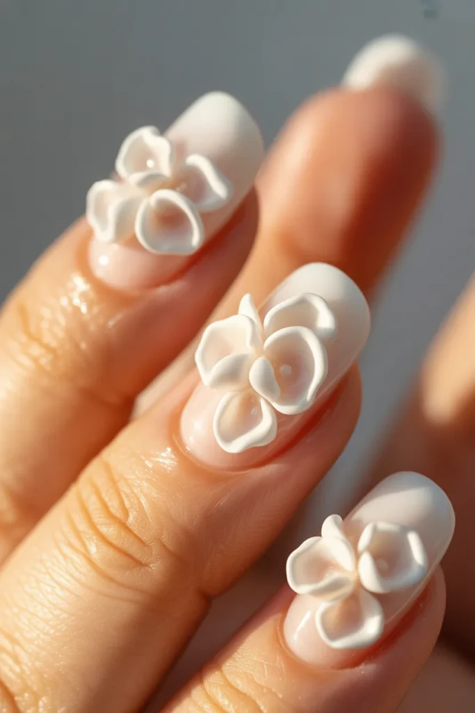 14. White Spring Nails — 3D Floral Accents