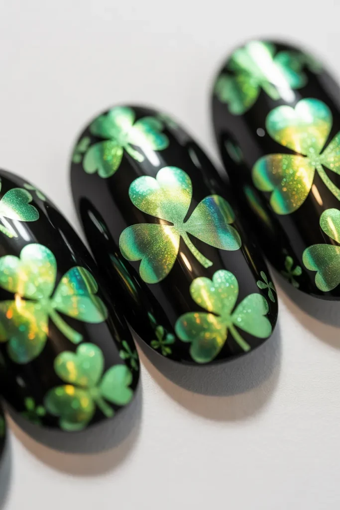 15. Black Nails with Green Foil Shamrock Decals