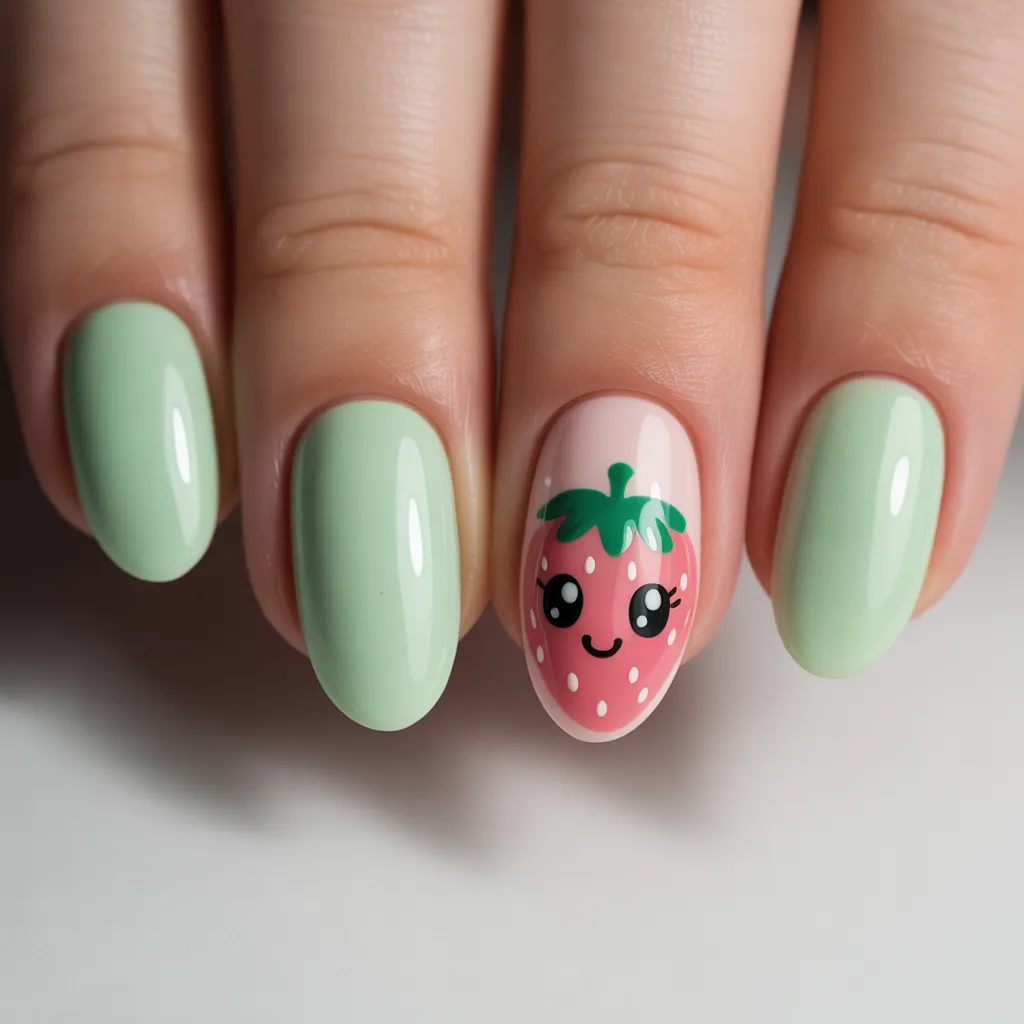 15. Cute Strawberry and Green Nails