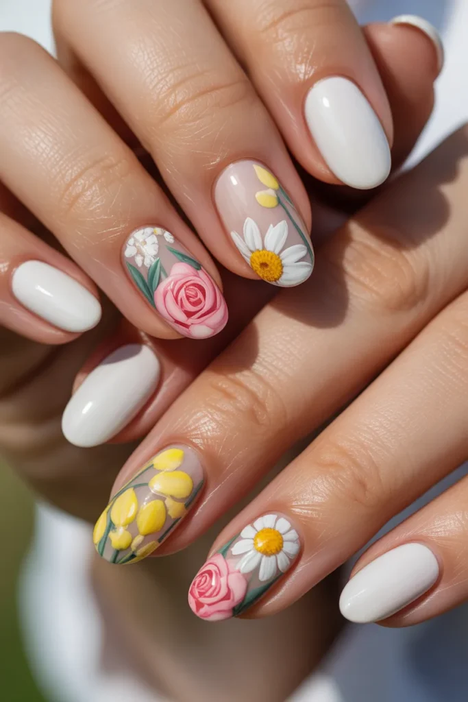 15. Floral Spring April Nails — Mixed Blooms