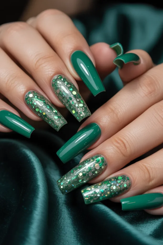 15. Glitter Ombre Emerald Nails