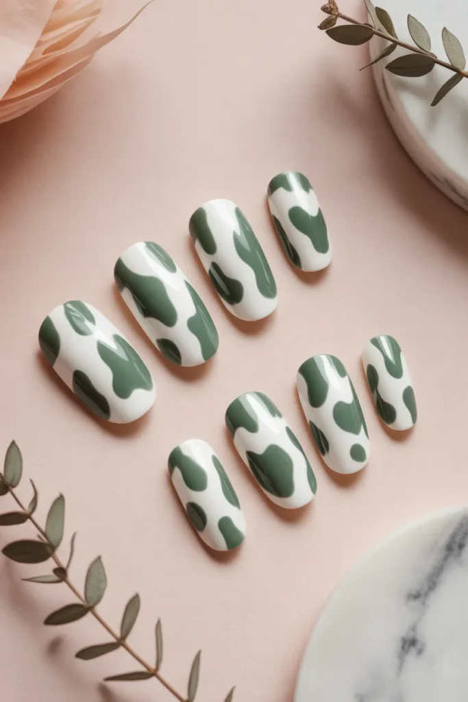 15. Green Cow Print Nails