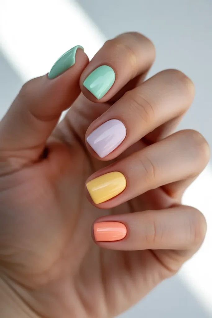 15. Pastel Rainbow Nails with Green