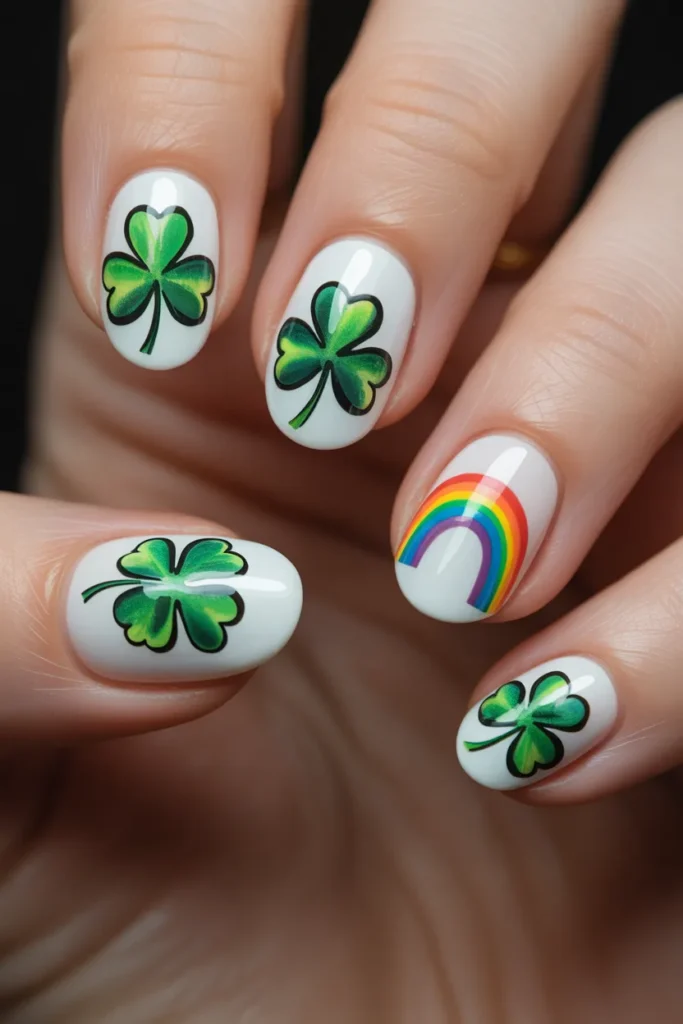 15. Shamrock Nails with Rainbow Accents