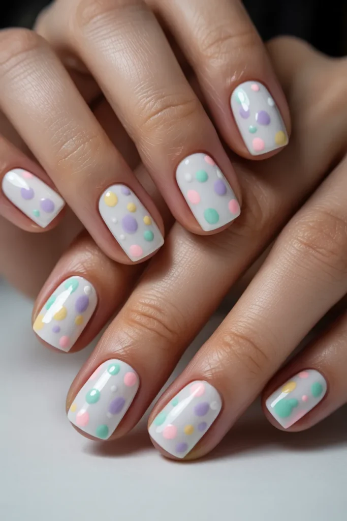 15. Short Easter Nails — White with Pastel Dots